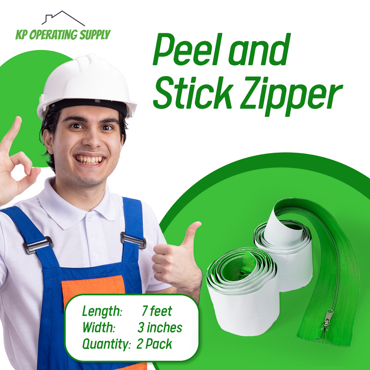 Peel and Stick Zipper - Heavy Duty - Dust Barriers, Construction, Containment - 7ft x 3in (2 Pack) - Green