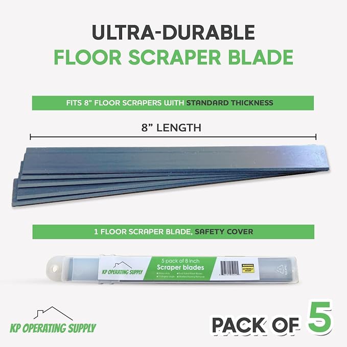 8-Inch Floor Scraper Blades, 5 Pack Replacement, Five 8-inch angled replacement blades fit compatible floor scrapers for flooring removal, adhesive, residue and demolition