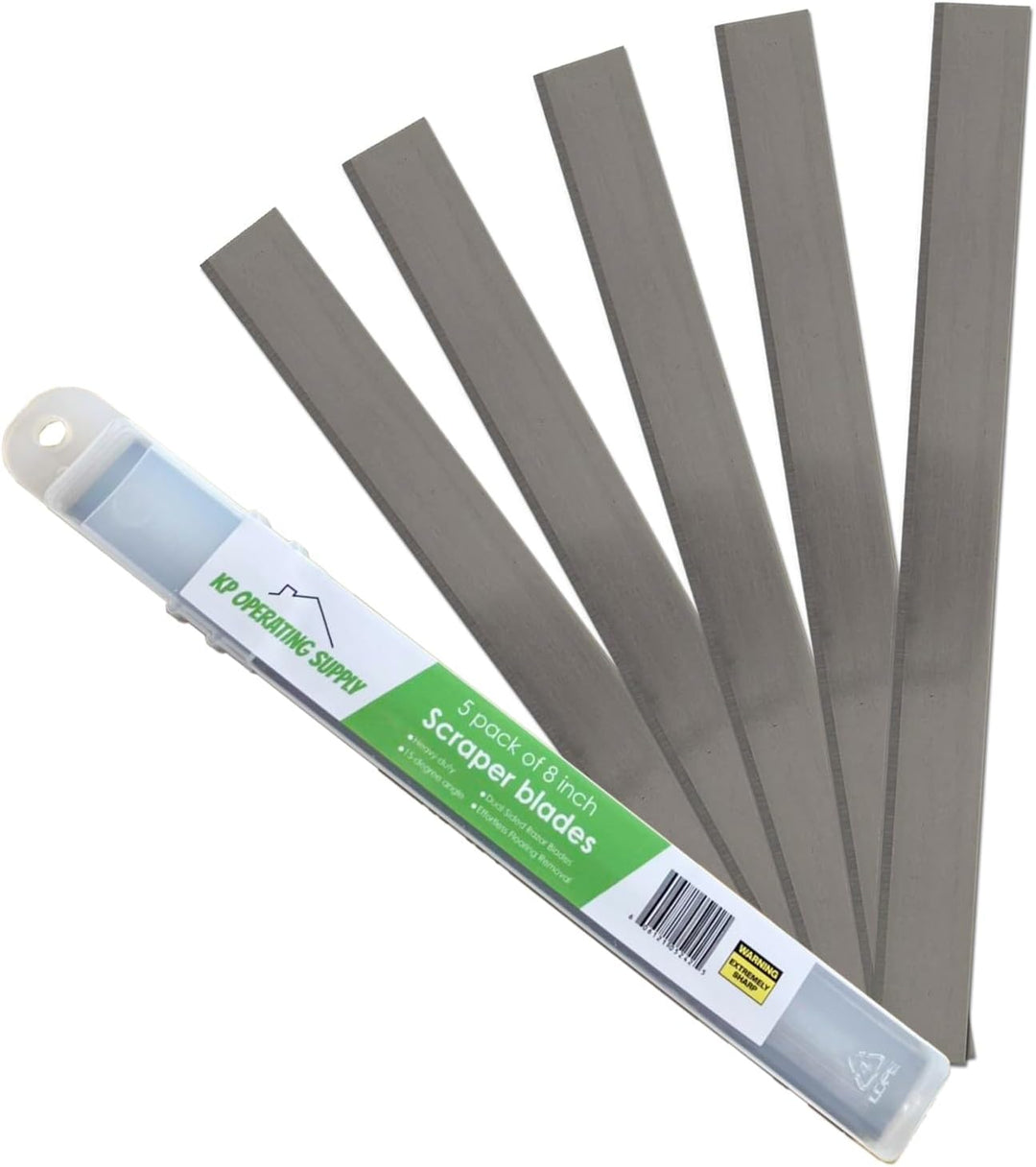 8-Inch Floor Scraper Blades, 5 Pack Replacement, Five 8-inch angled replacement blades fit compatible floor scrapers for flooring removal, adhesive, residue and demolition