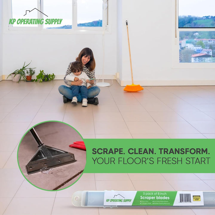 8-Inch Floor Scraper Blades, 5 Pack Replacement, Five 8-inch angled replacement blades fit compatible floor scrapers for flooring removal, adhesive, residue and demolition