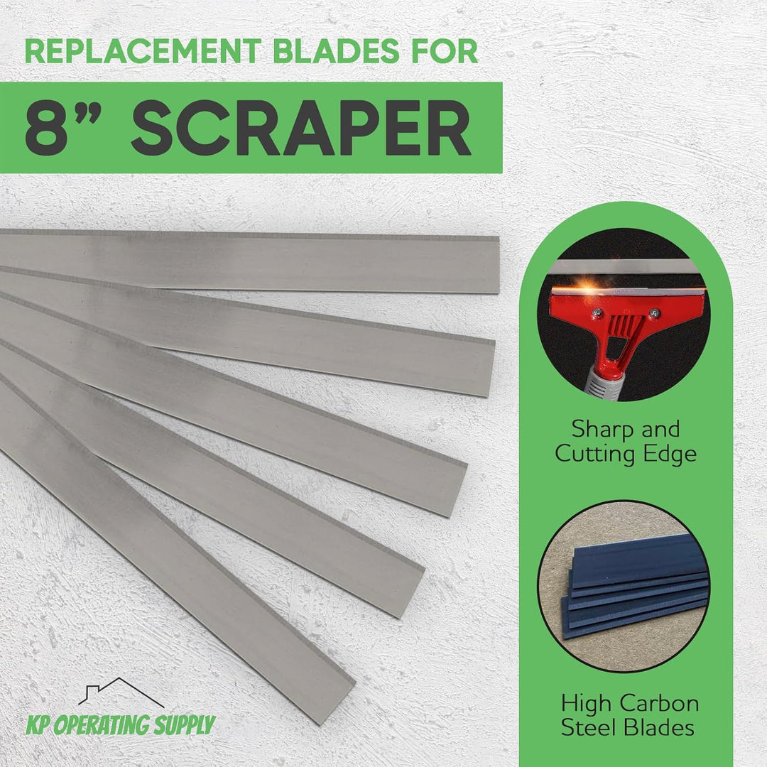 8-Inch Floor Scraper Blades, 5 Pack Replacement, Five 8-inch angled replacement blades fit compatible floor scrapers for flooring removal, adhesive, residue and demolition