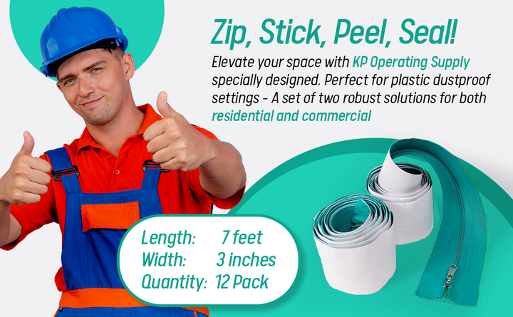 Peel and Stick Zipper - Heavy Duty - Dust Barriers, Construction, Containment 7ft x 3in (12 Pack) - Teal